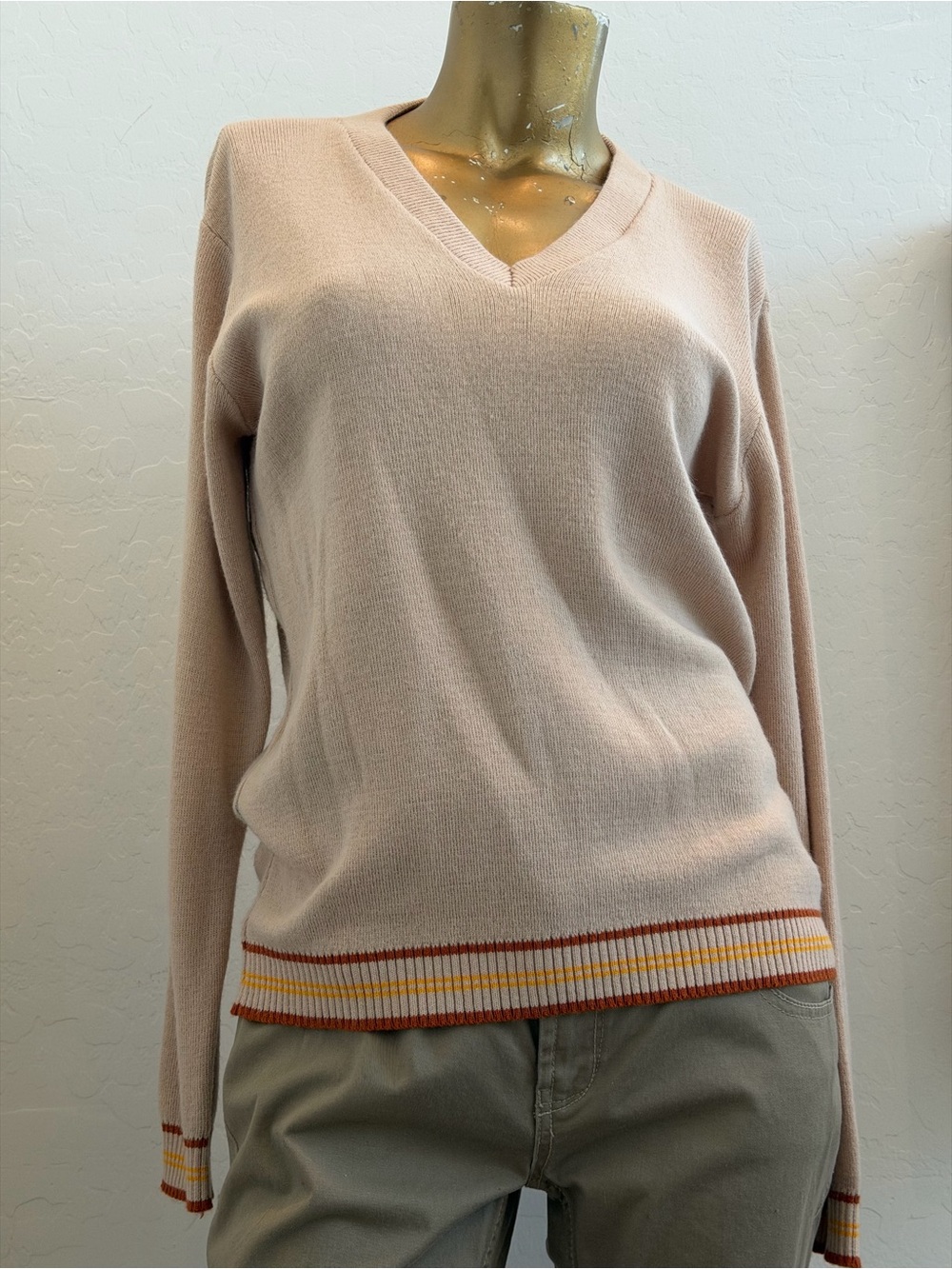 Vintage 70s Courtelle Pullover V Neck Sweater Striped Trim Preppy Size M